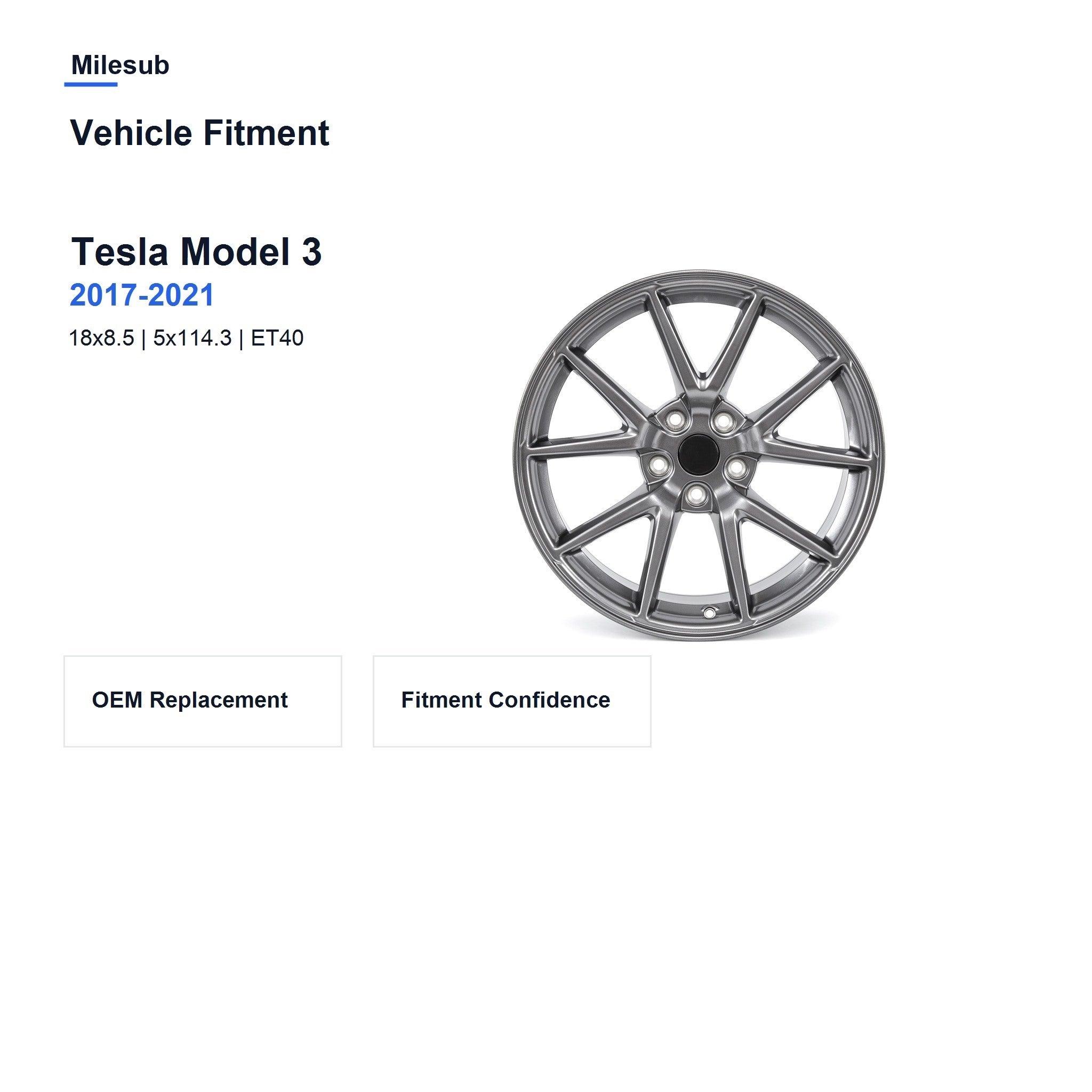 Milesub 18" OEM Style Replacement Wheel for Tesla Model 3 2017-2021 - Vehicle Fitment