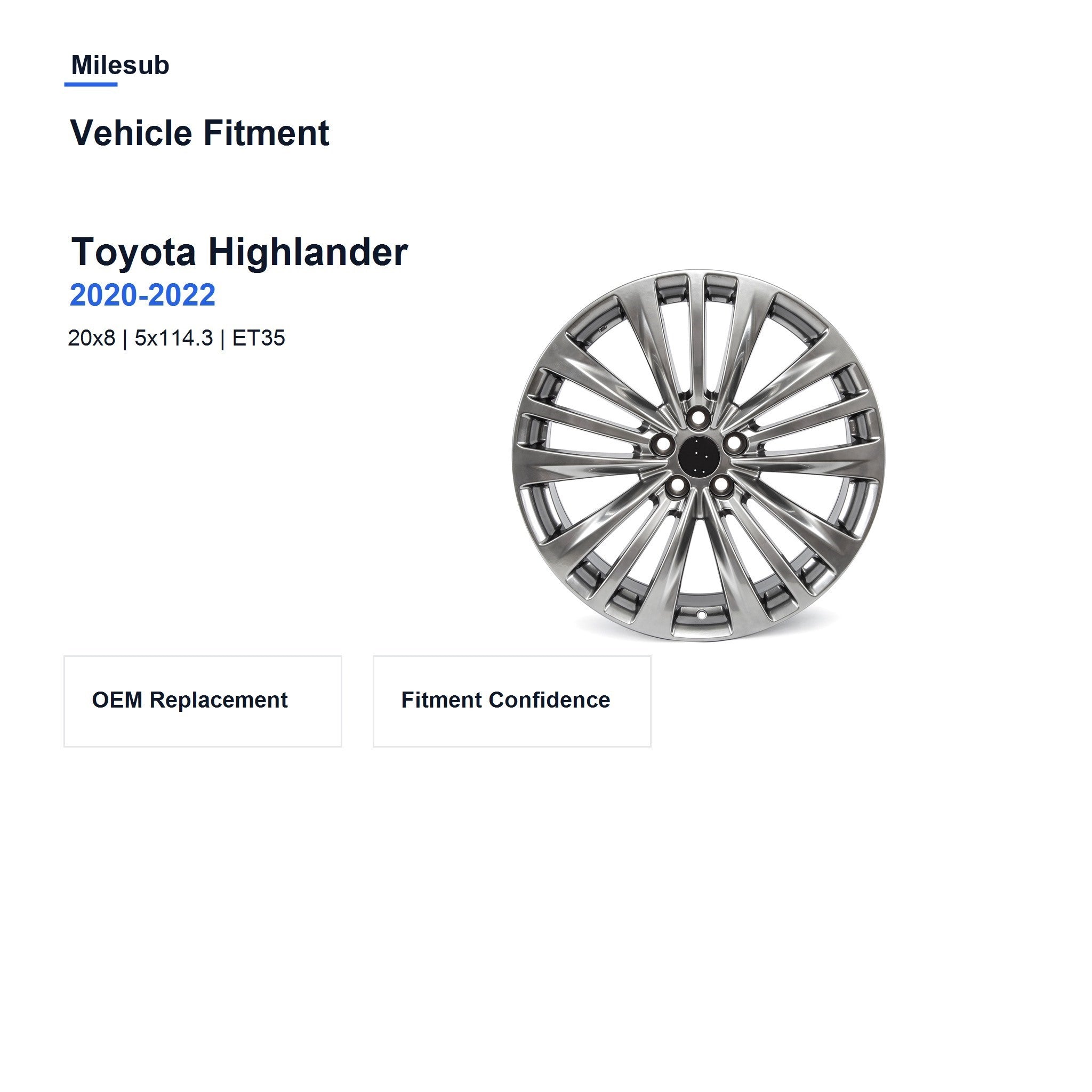 Milesub 20" OEM Style Replacement Wheel for Toyota Highlander 2020-2022 - Vehicle Fitment