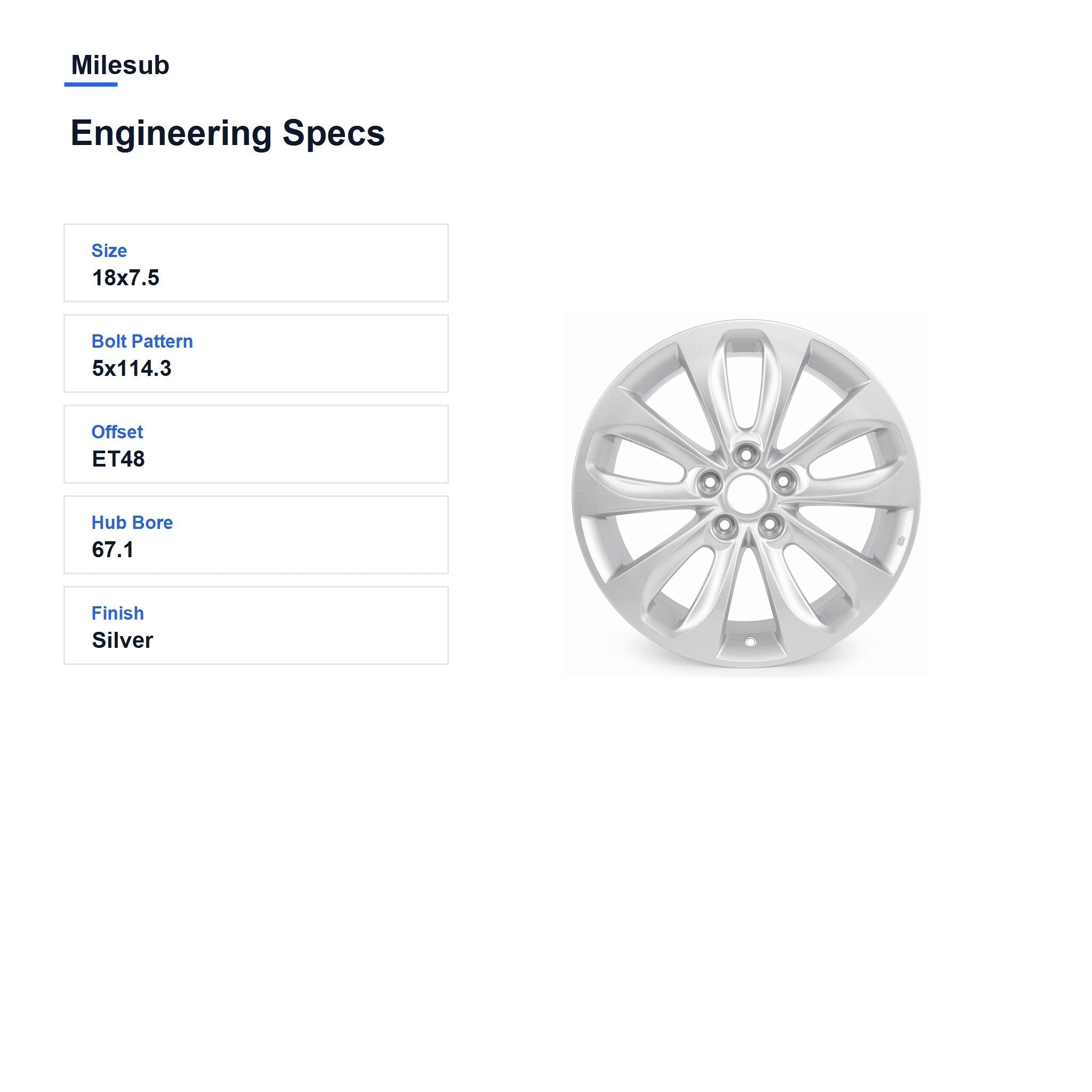 Milesub 18" OEM Style Replacement Wheel for Hyundai Sonata 2011-2014 - Engineering Specs