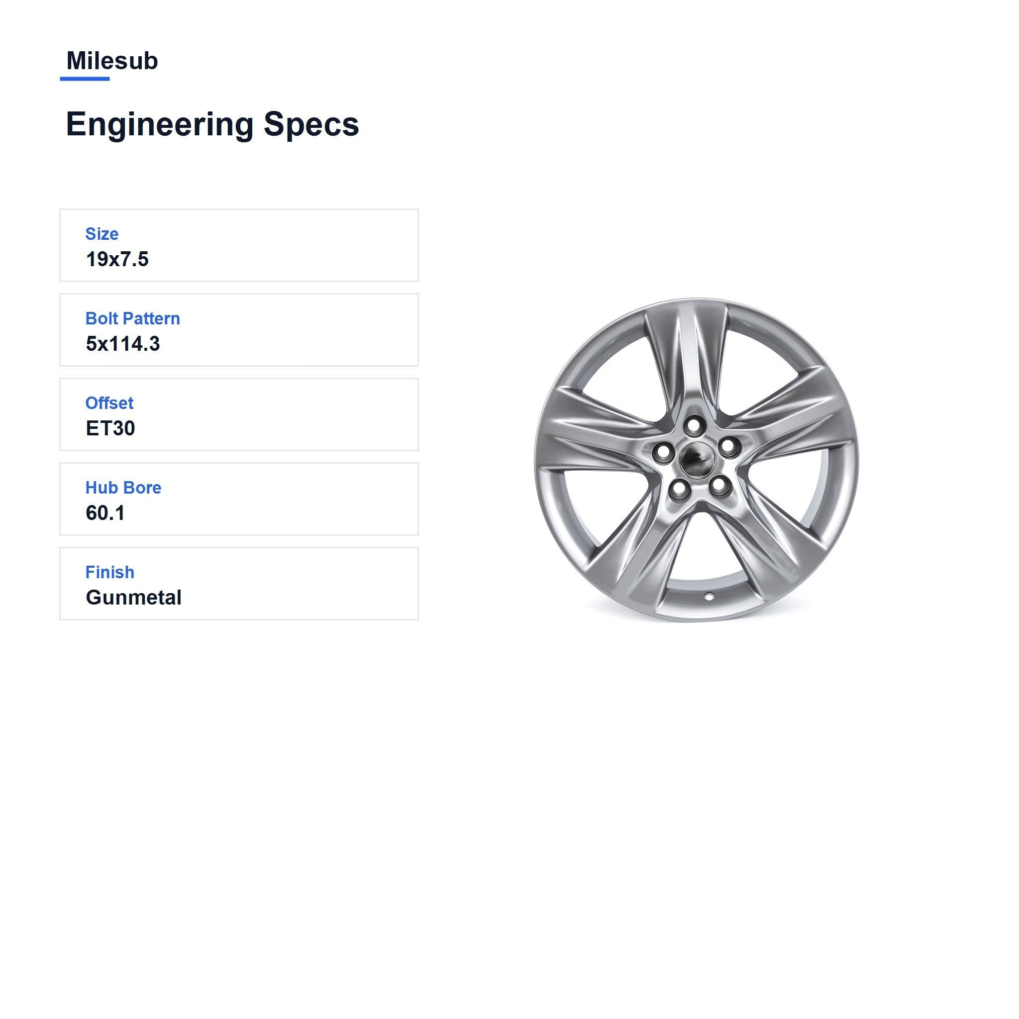 Milesub 19" OEM Style Replacement Wheel for Toyota Highlander 2014-2019 - Engineering Specs