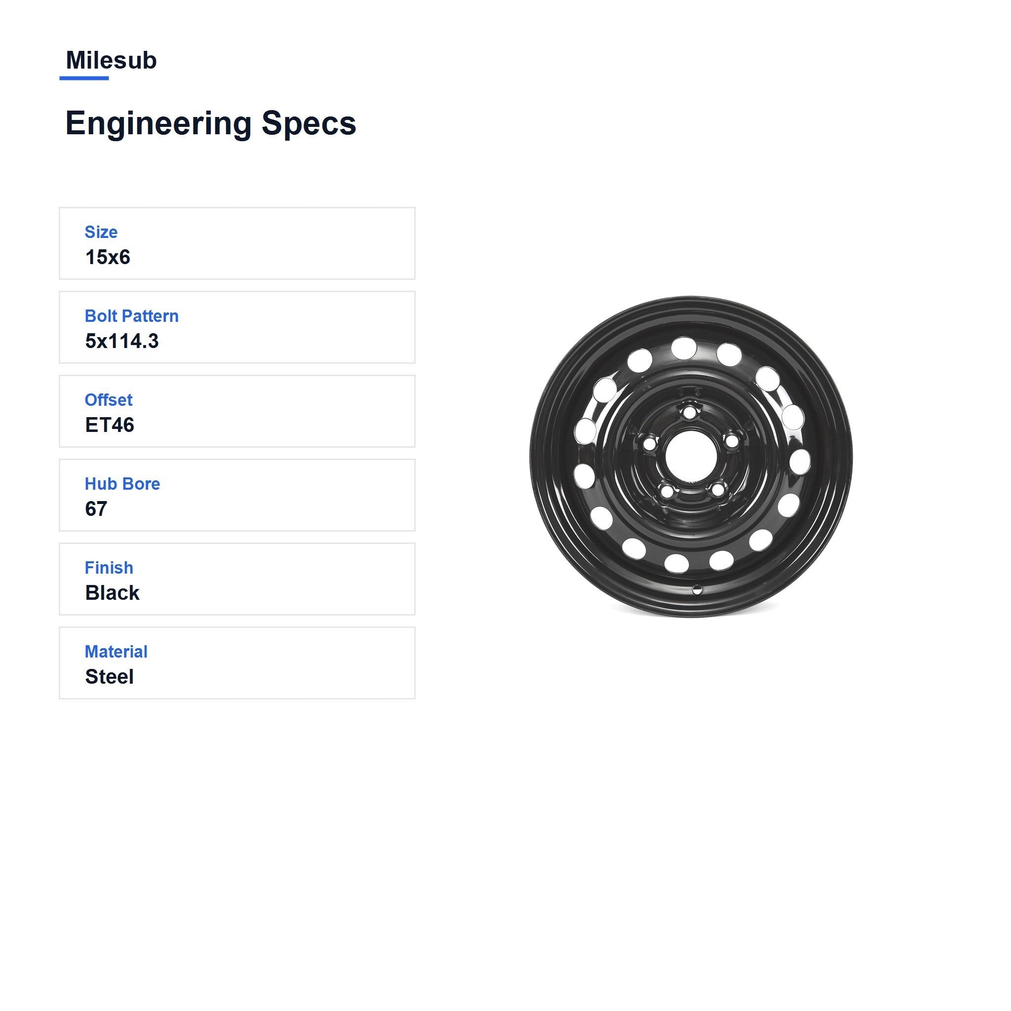 Milesub 15" OEM Style Replacement Wheel for Hyundai Elantra 2017-2020 - Engineering Specs