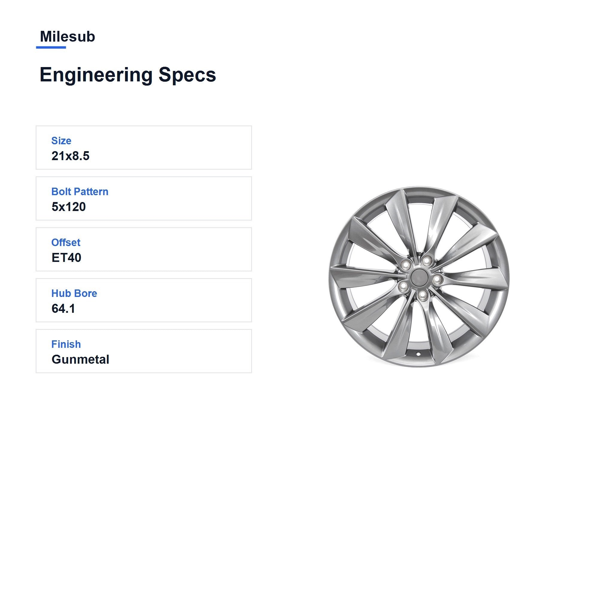 Milesub 21" OEM Style Replacement Wheel for Tesla Model Y 2017-2023 - Engineering Specs