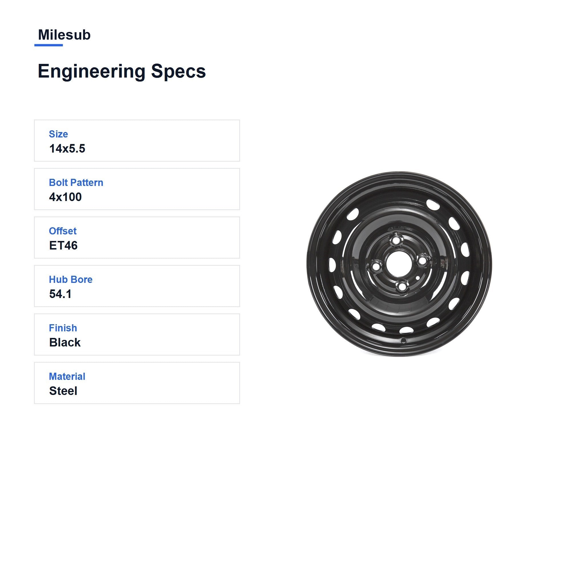 Milesub 14" OEM Style Replacement Wheel for Hyundai Accent 2006-2017 - Engineering Specs