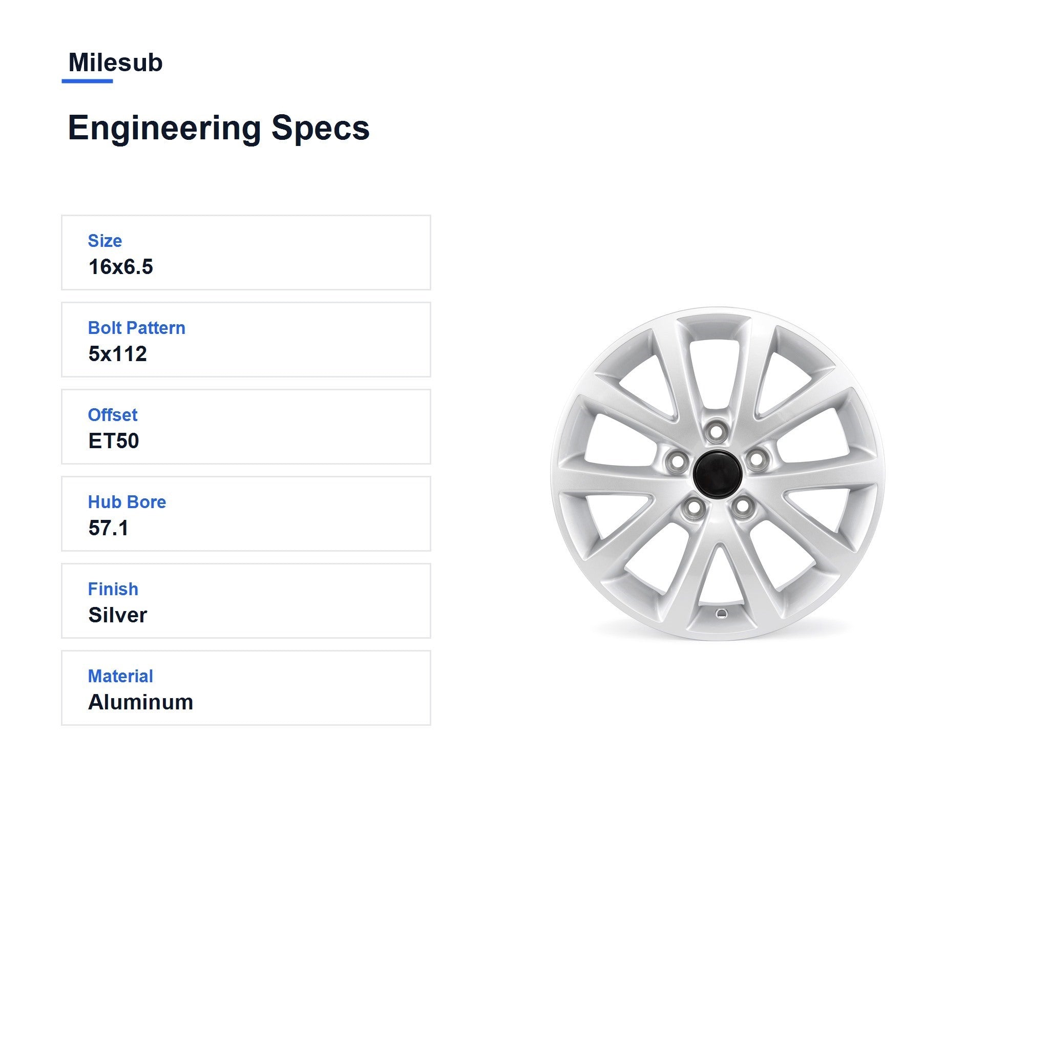 Milesub 16" OEM Style Replacement Wheel for Volkswagen Jetta 2010-2018 - Engineering Specs
