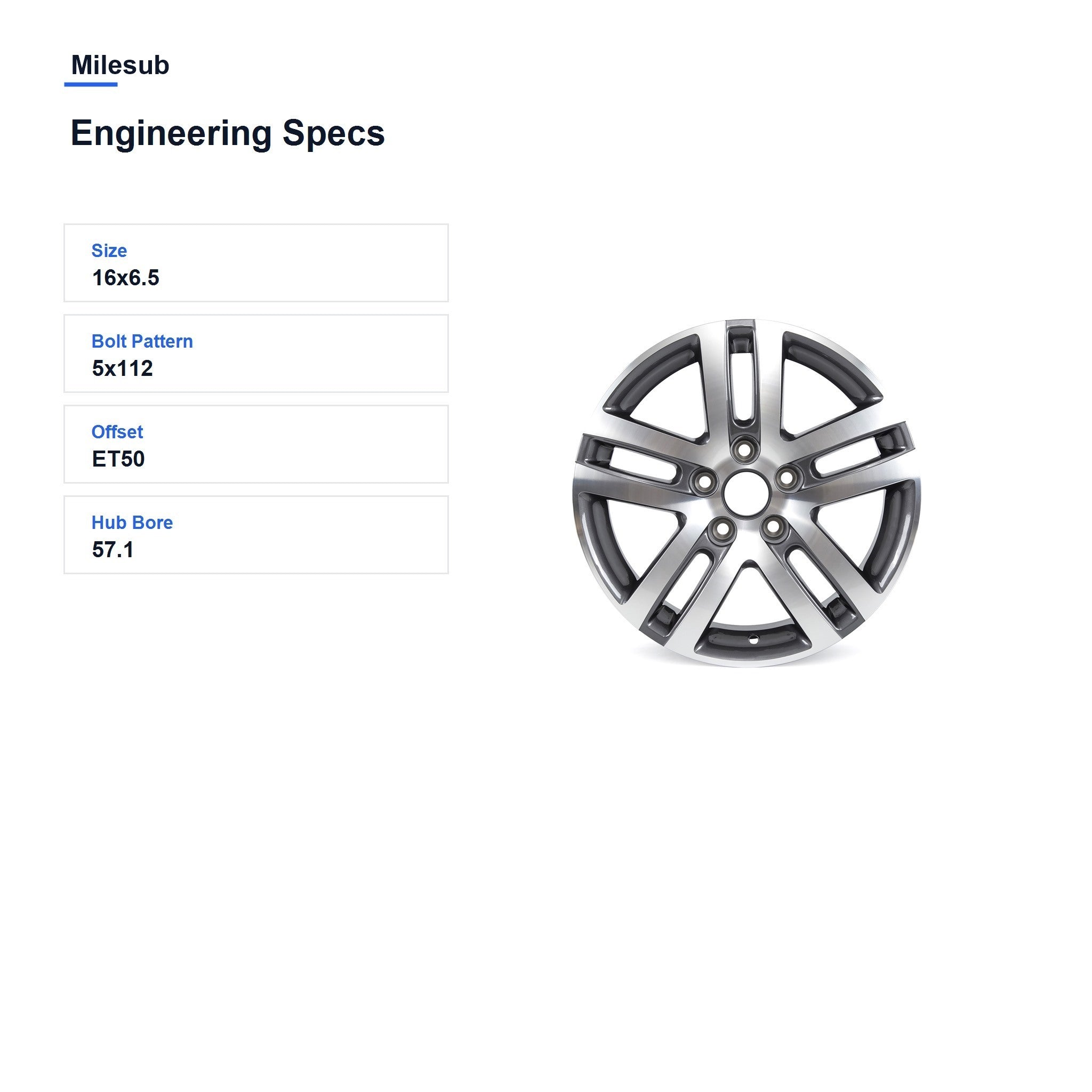 Milesub 16" OEM Style Replacement Wheel for Volkswagen Jetta 2009-2018 - Engineering Specs