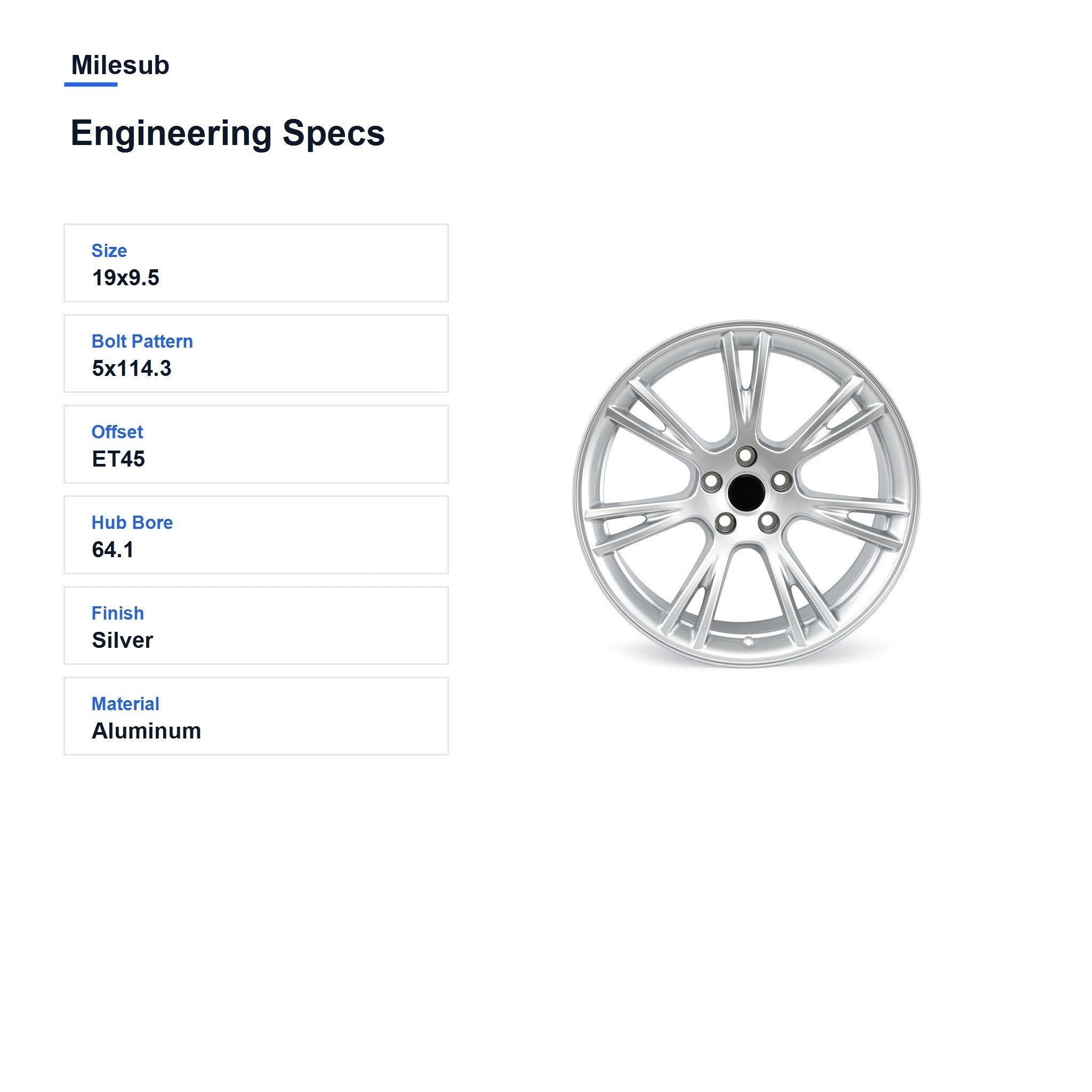 Milesub 19" OEM Style Replacement Wheel for Tesla Model Y 2017-2021 - Engineering Specs