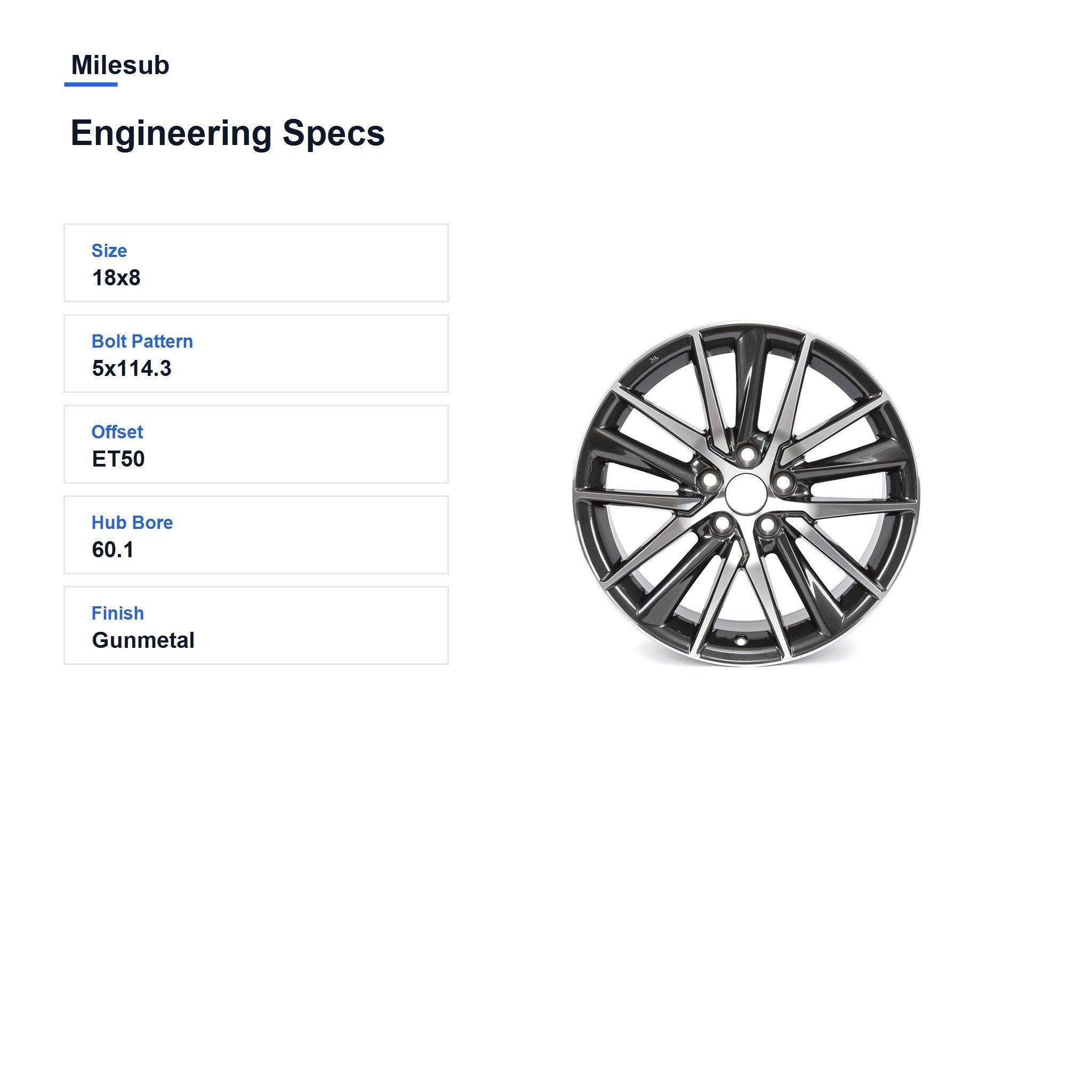 Milesub 18" OEM Style Replacement Wheel for Toyota Camry 2018-2022 - Engineering Specs