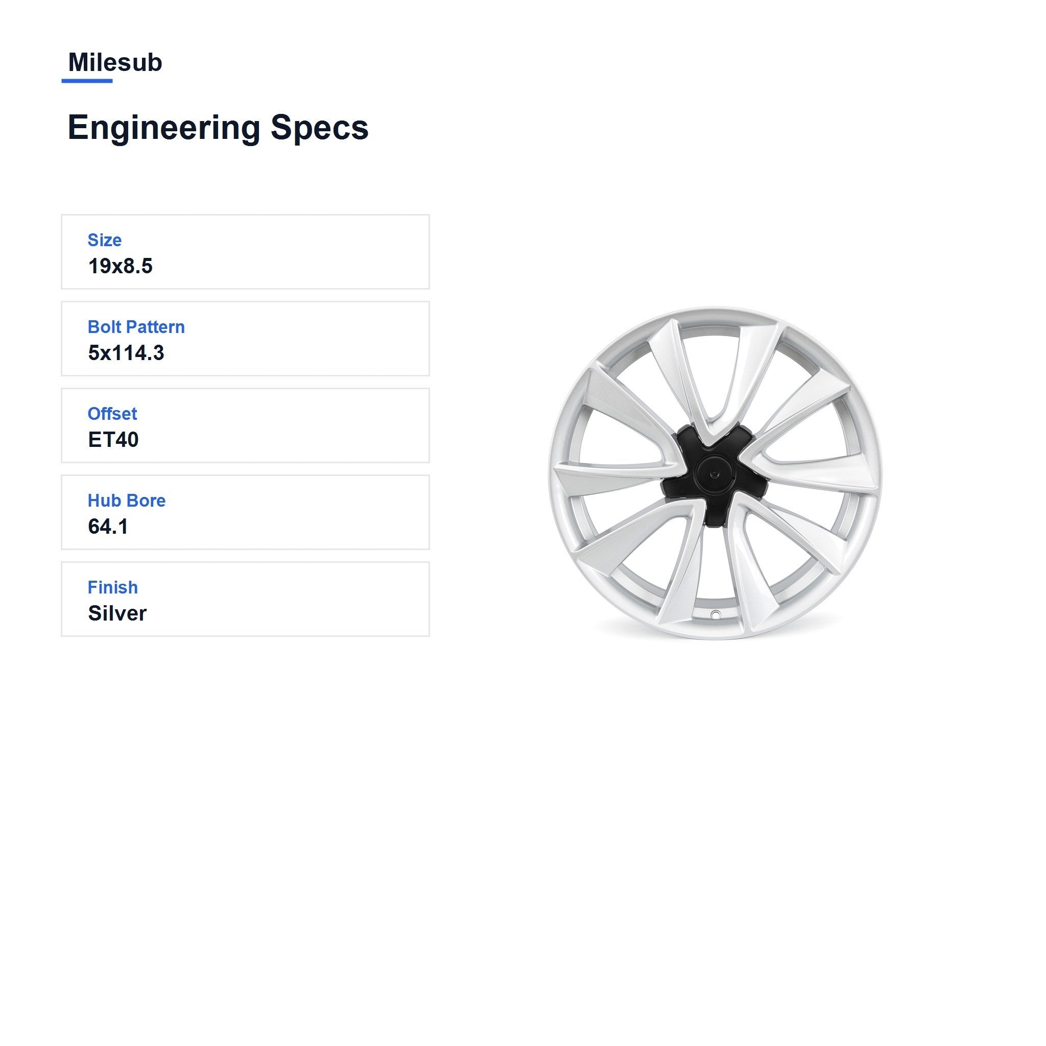 Milesub 19" OEM Style Replacement Wheel for Tesla Model 3 2017-2023 - Engineering Specs