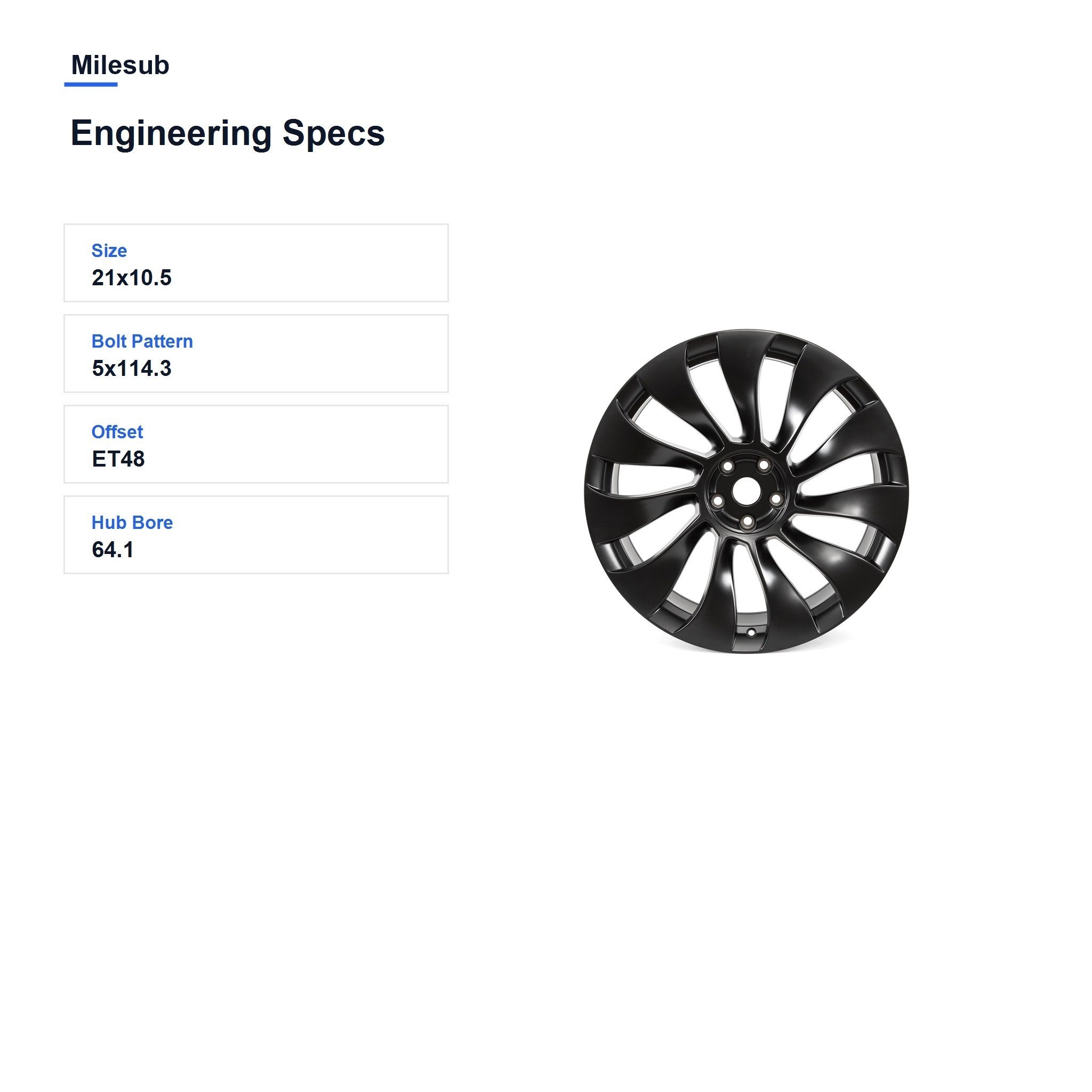 Milesub 21" OEM Style Replacement Wheel for Tesla Model Y 2020-2024 - Engineering Specs