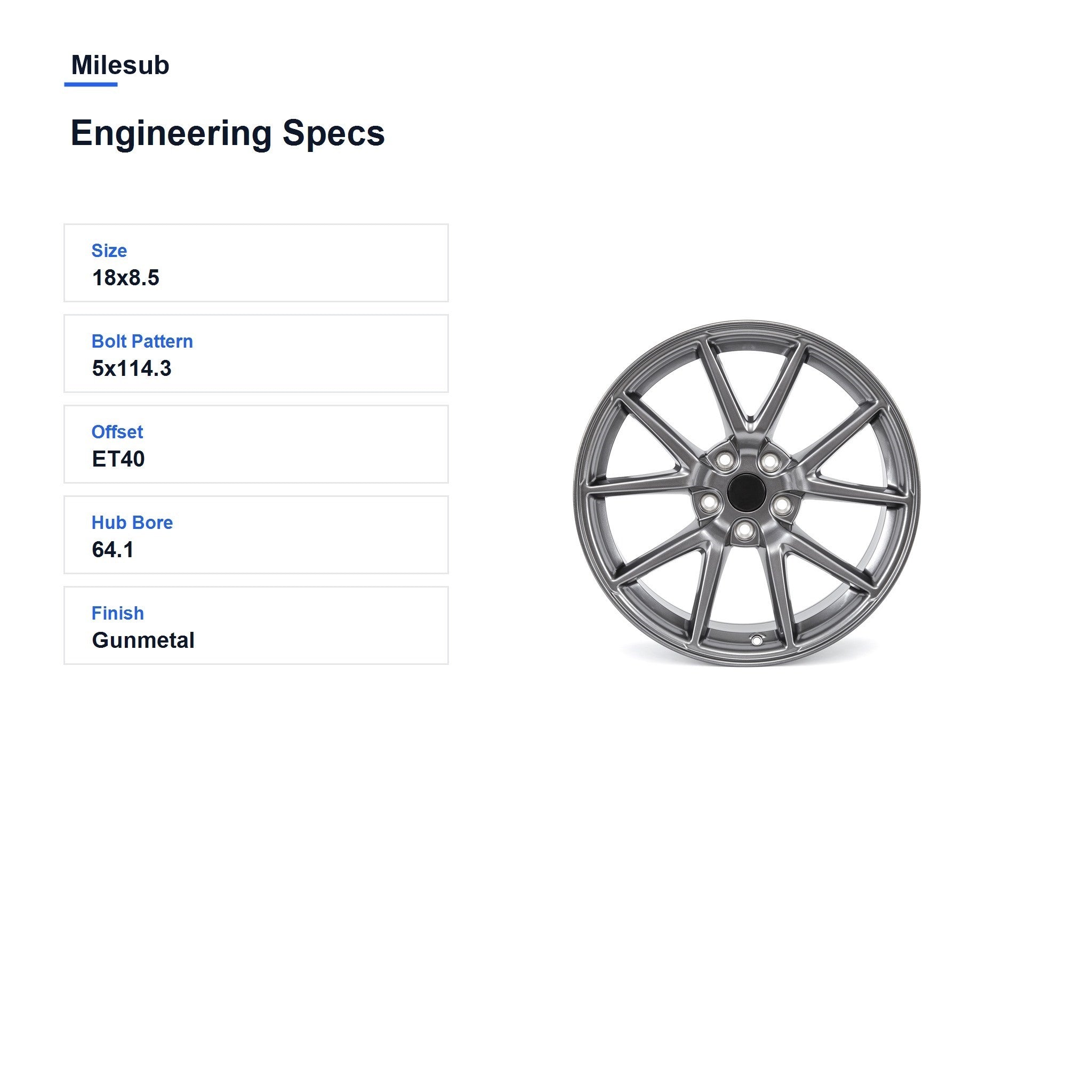Milesub 18" OEM Style Replacement Wheel for Tesla Model 3 2017-2021 - Engineering Specs