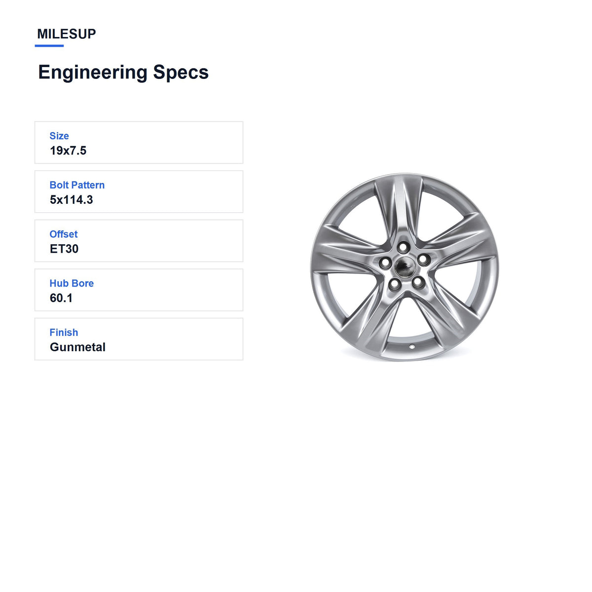 MilesUp 19" OEM Style Replacement Wheel for Toyota Highlander 2014-2019 - Engineering Specs