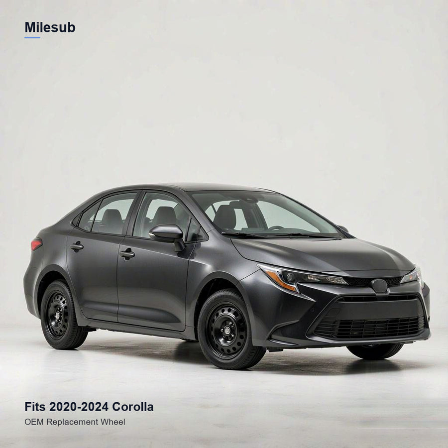 16x7 Black replacement wheel installed on a Toyota Corolla 2020-2024