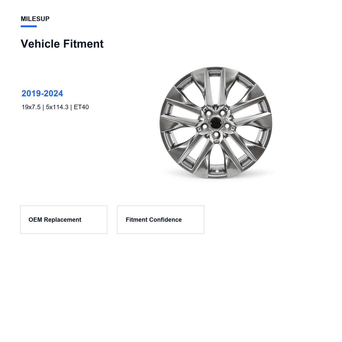 Bolt pattern and offset chart for the 19x7.5 Grey replacement wheel for Toyota RAV4 2019-2024