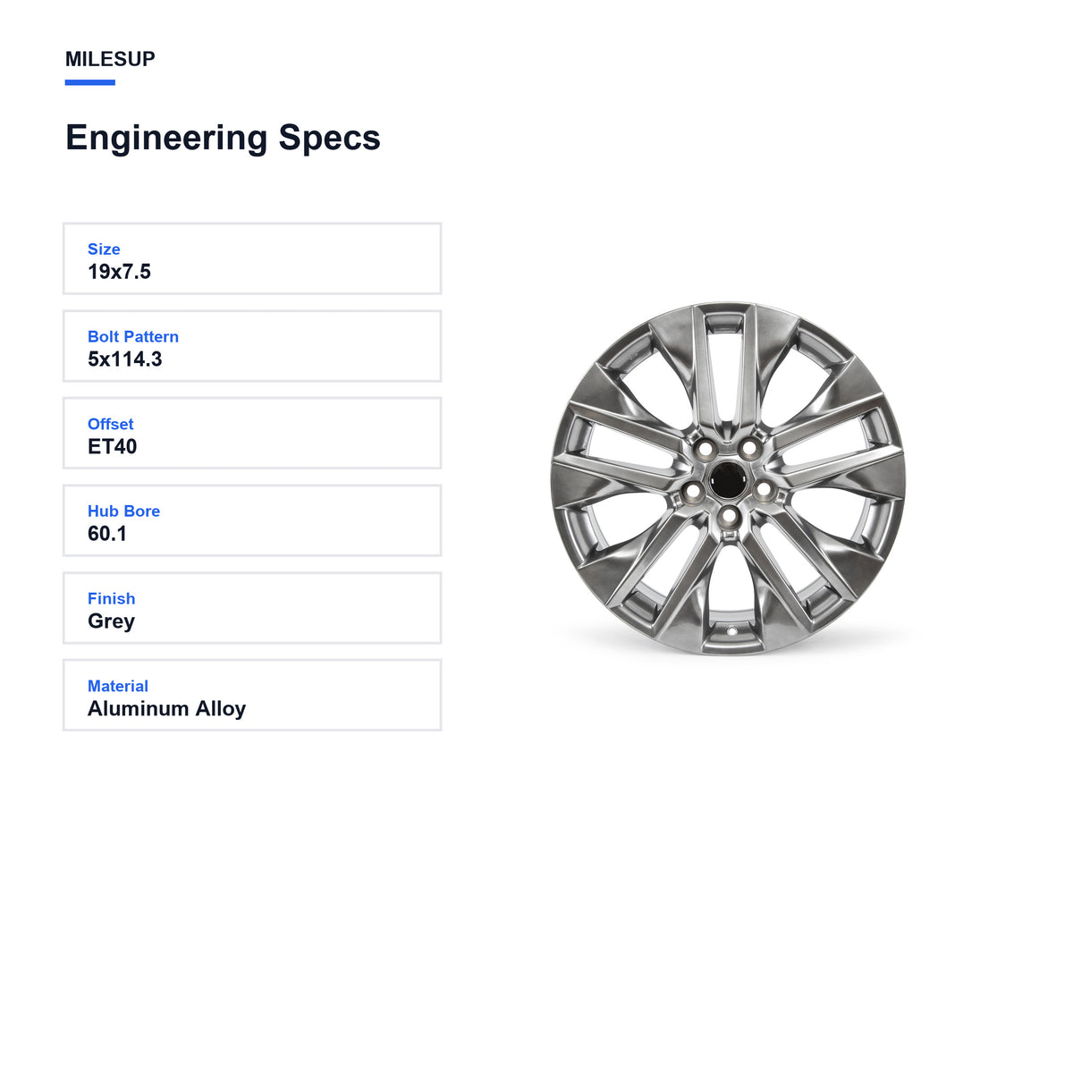Engineering specifications for the 19x7.5 Grey replacement wheel for Toyota RAV4 2019-2024