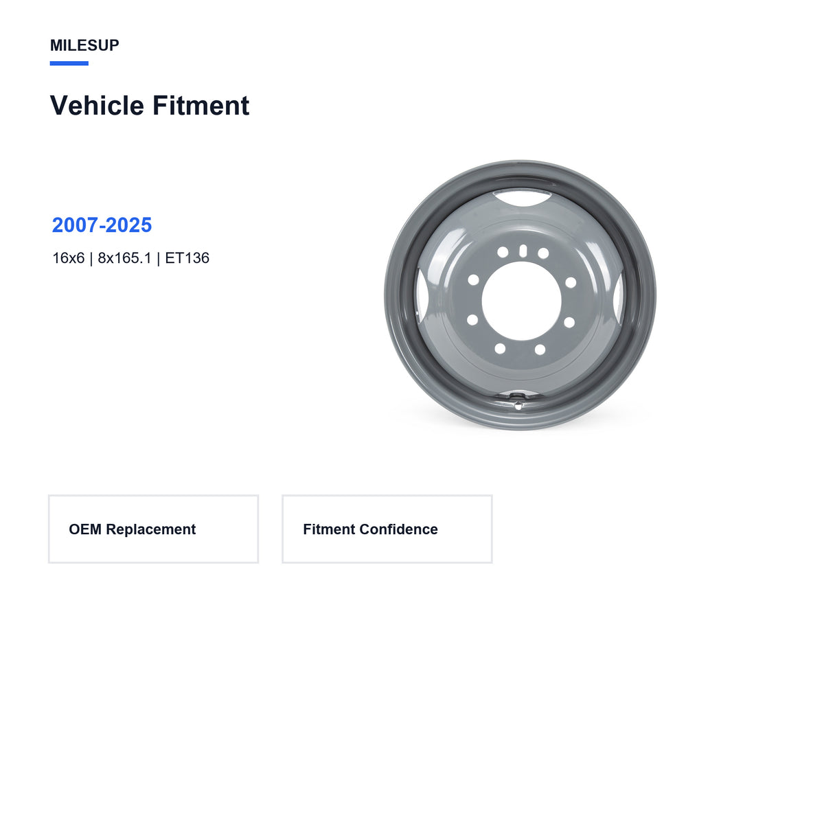 Bolt pattern and offset chart for the 16x6 Grey replacement wheel for Ford E-450 2007-2025
