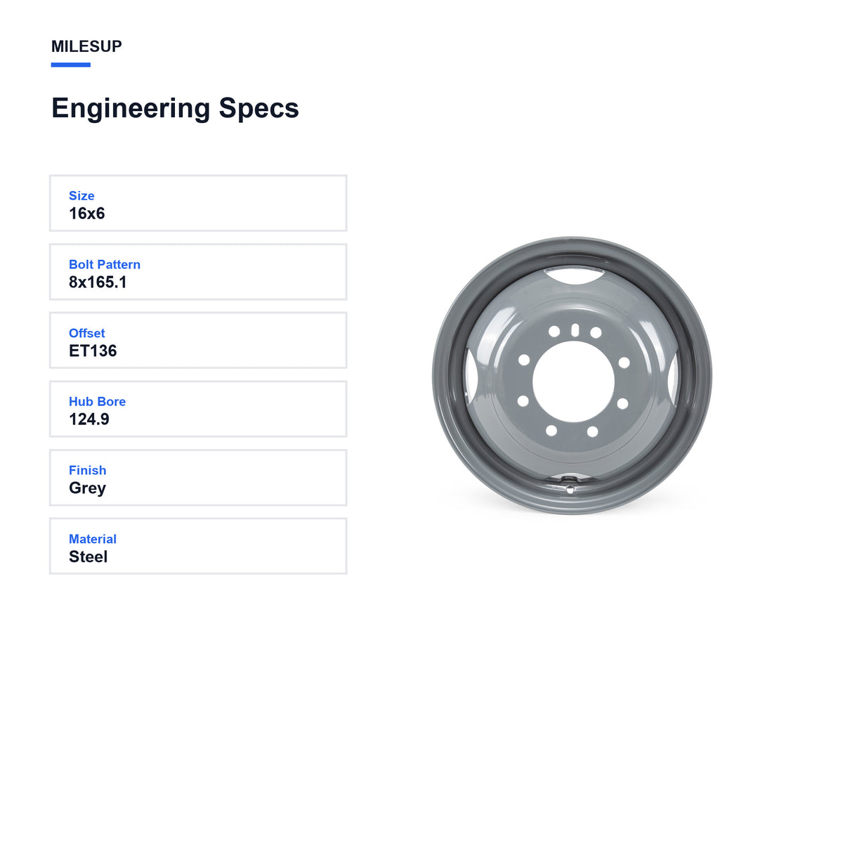 Engineering specifications for the 16x6 Grey replacement wheel for Ford E-450 2007-2025