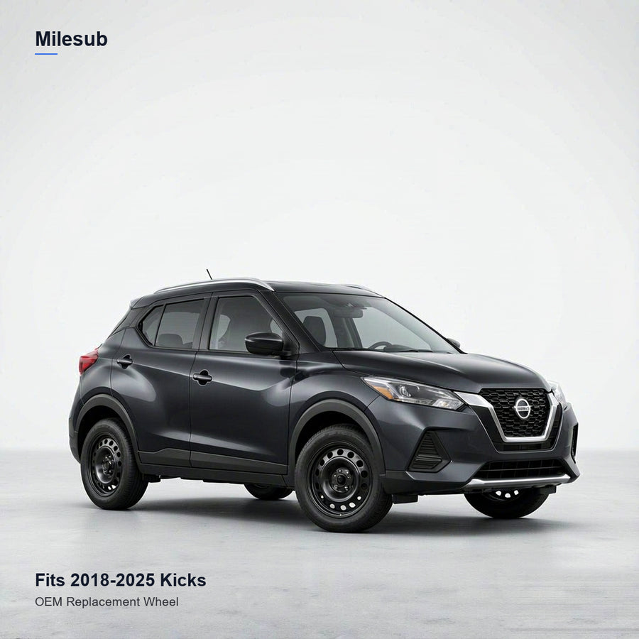 16x6 Black replacement wheel installed on a Nissan Kicks 2018-2025