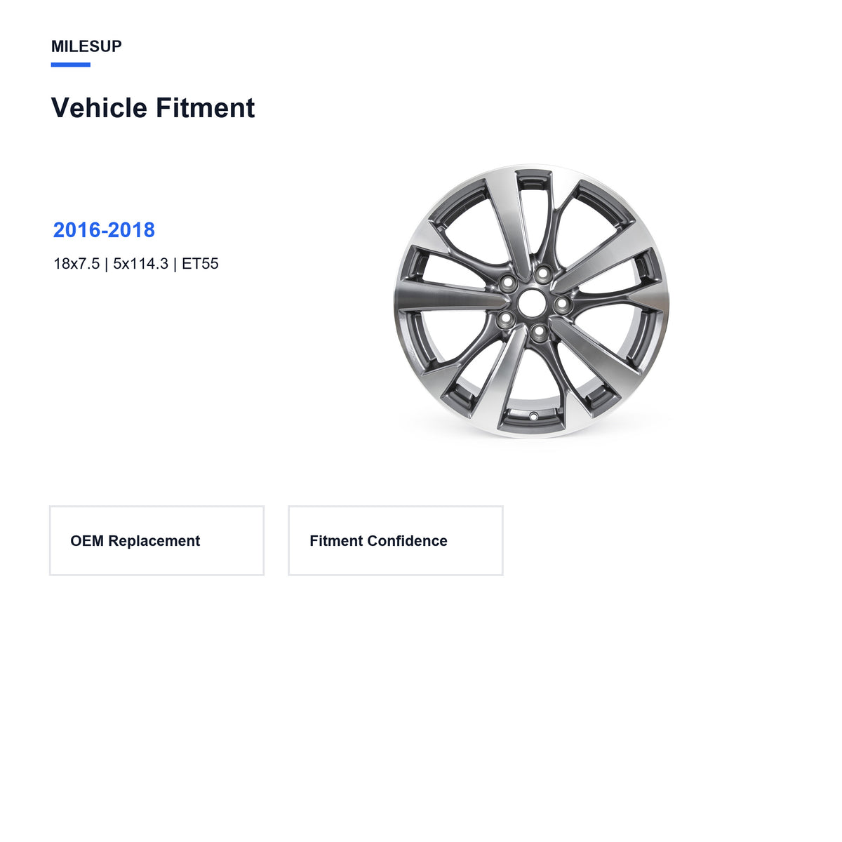 Bolt pattern and offset chart for the 18x7.5 Grey replacement wheel for Nissan Altima 2016-2018