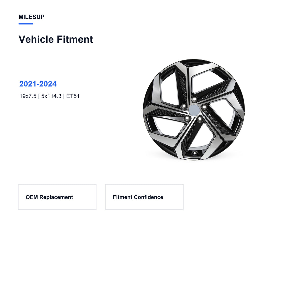 Bolt pattern and offset chart for the 19x7.5 Black replacement wheel for Hyundai Tucson 2021-2024