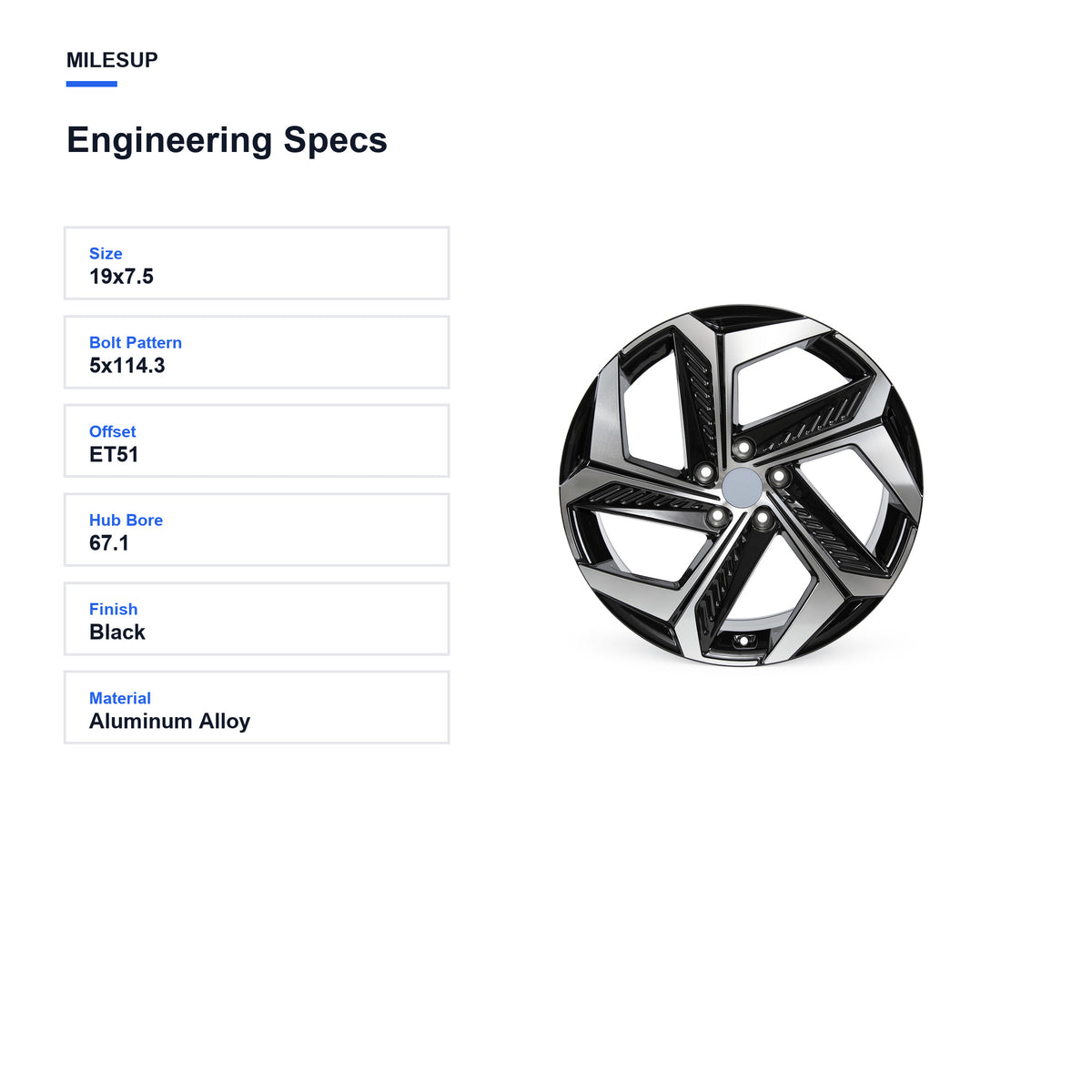 Engineering specifications for the 19x7.5 Black replacement wheel for Hyundai Tucson 2021-2024