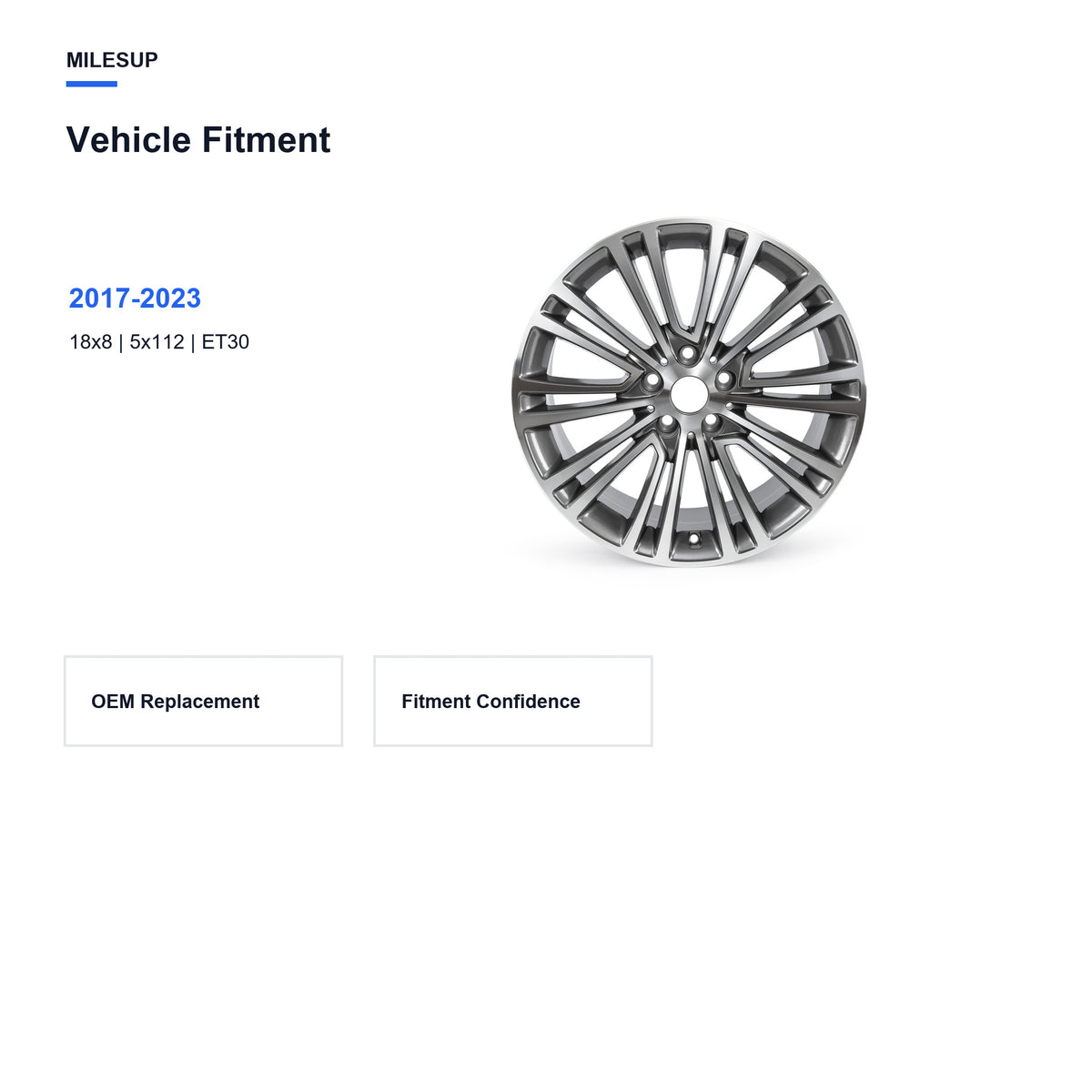 Bolt pattern and offset chart for the 18x8 Grey replacement wheel for BMW 540i / 530e / 530i 2017-2023