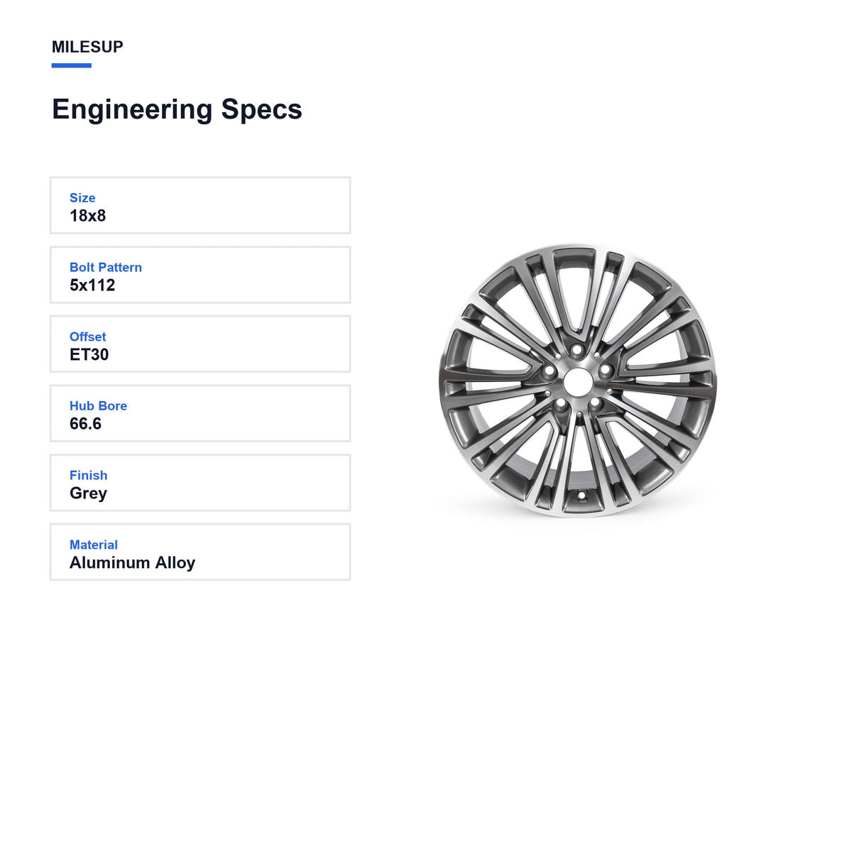 Engineering specifications for the 18x8 Grey replacement wheel for BMW 540i / 530e / 530i 2017-2023