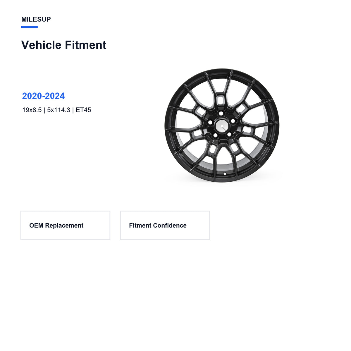 Bolt pattern and offset chart for the 19x8.5 Matte Black replacement wheel for Toyota Camry 2020-2024