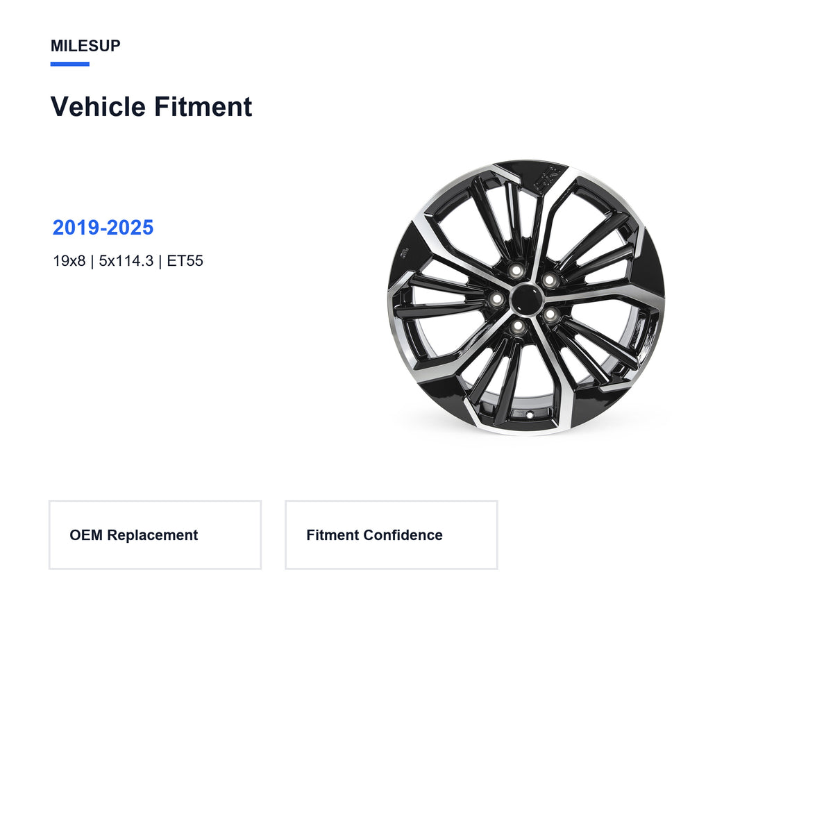 Bolt pattern and offset chart for the 19x8 Black replacement wheel for Nissan Altima 2019-2025