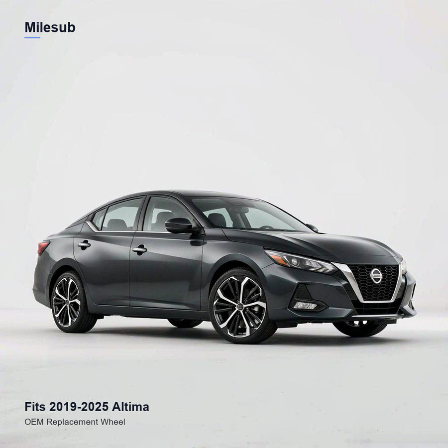 19x8 Black replacement wheel installed on a Nissan Altima 2019-2025