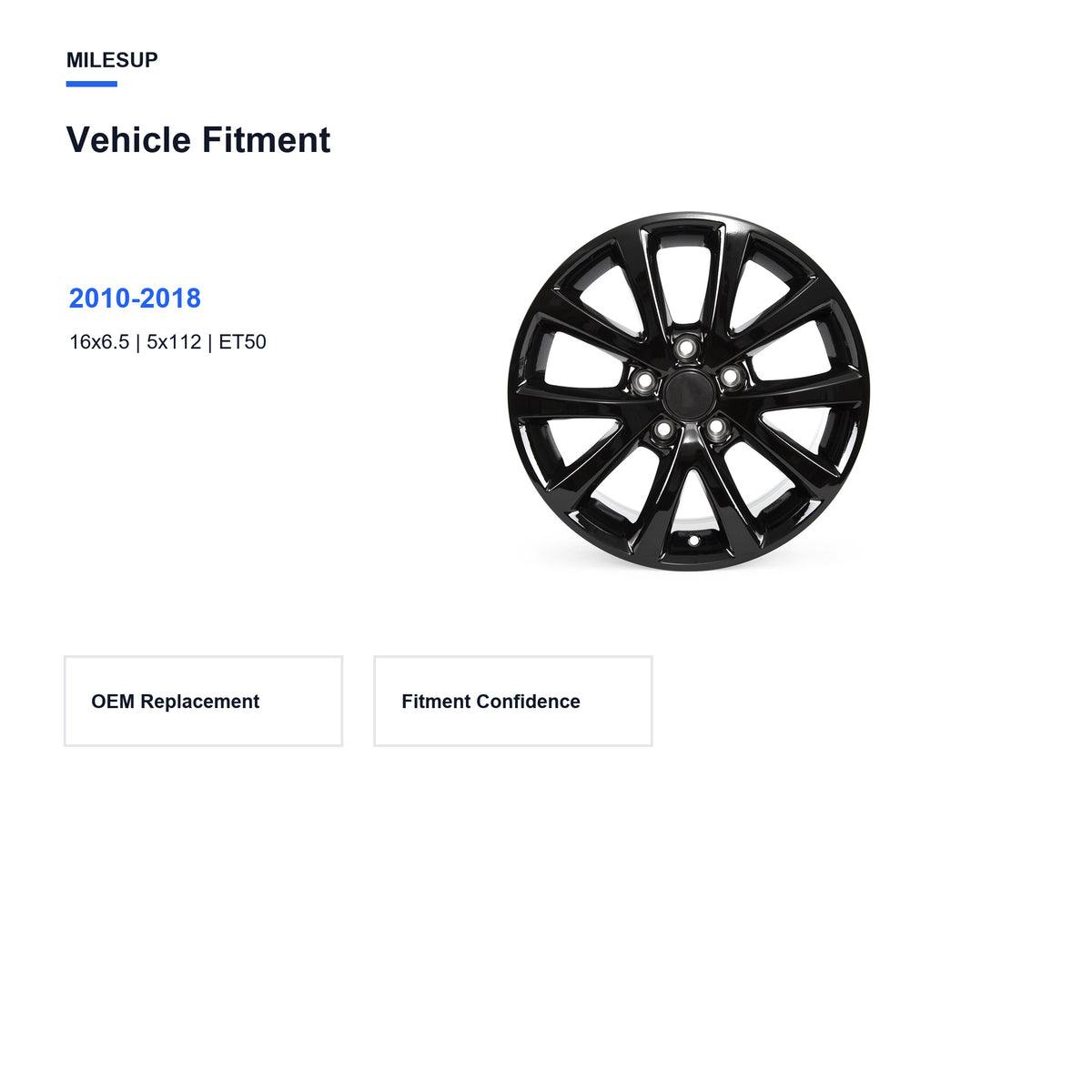 Bolt pattern and offset chart for the 16x6.5 Black replacement wheel for Volkswagen Jetta 2010-2018