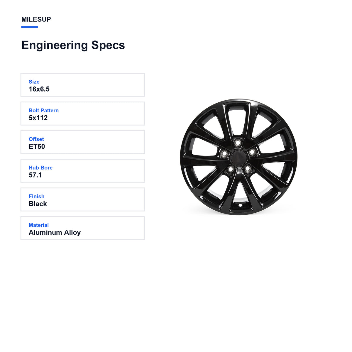Engineering specifications for the 16x6.5 Black replacement wheel for Volkswagen Jetta 2010-2018