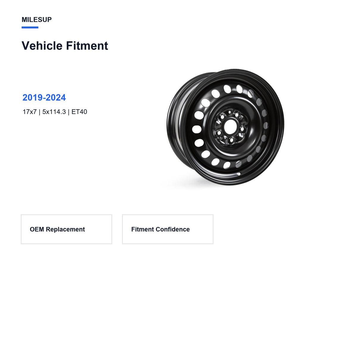 Bolt pattern and offset chart for the 17x7 Black replacement wheel for Toyota RAV4 2019-2024