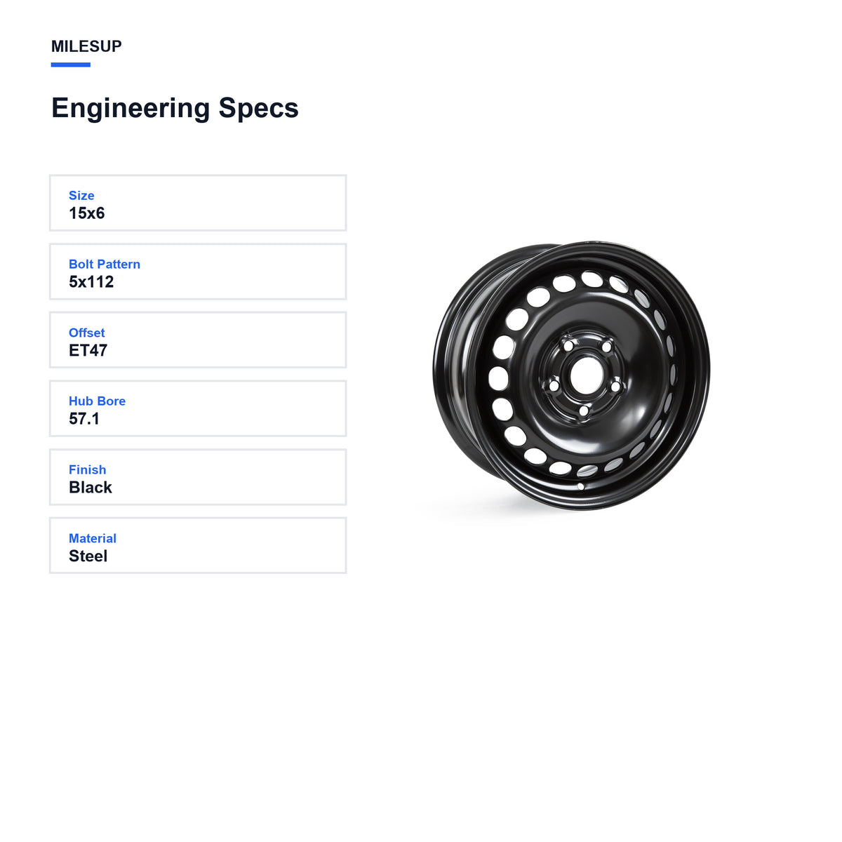 Engineering specifications for the 15x6 Black replacement wheel for Volkswagen Jetta 2006-2019
