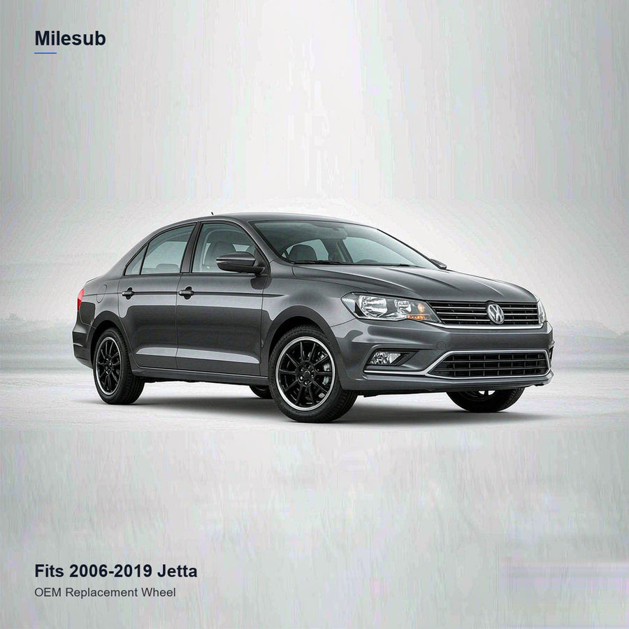 15x6 Black replacement wheel installed on a Volkswagen Jetta 2006-2019