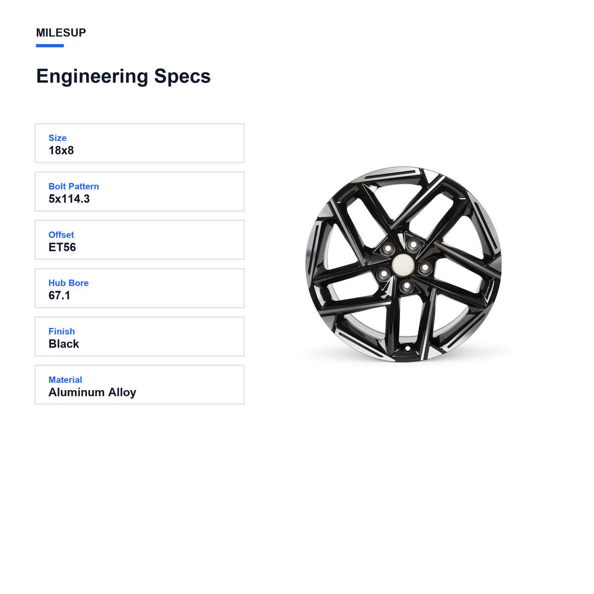 Engineering specifications for the 18x8 Black replacement wheel for Kia K4 2024-2025