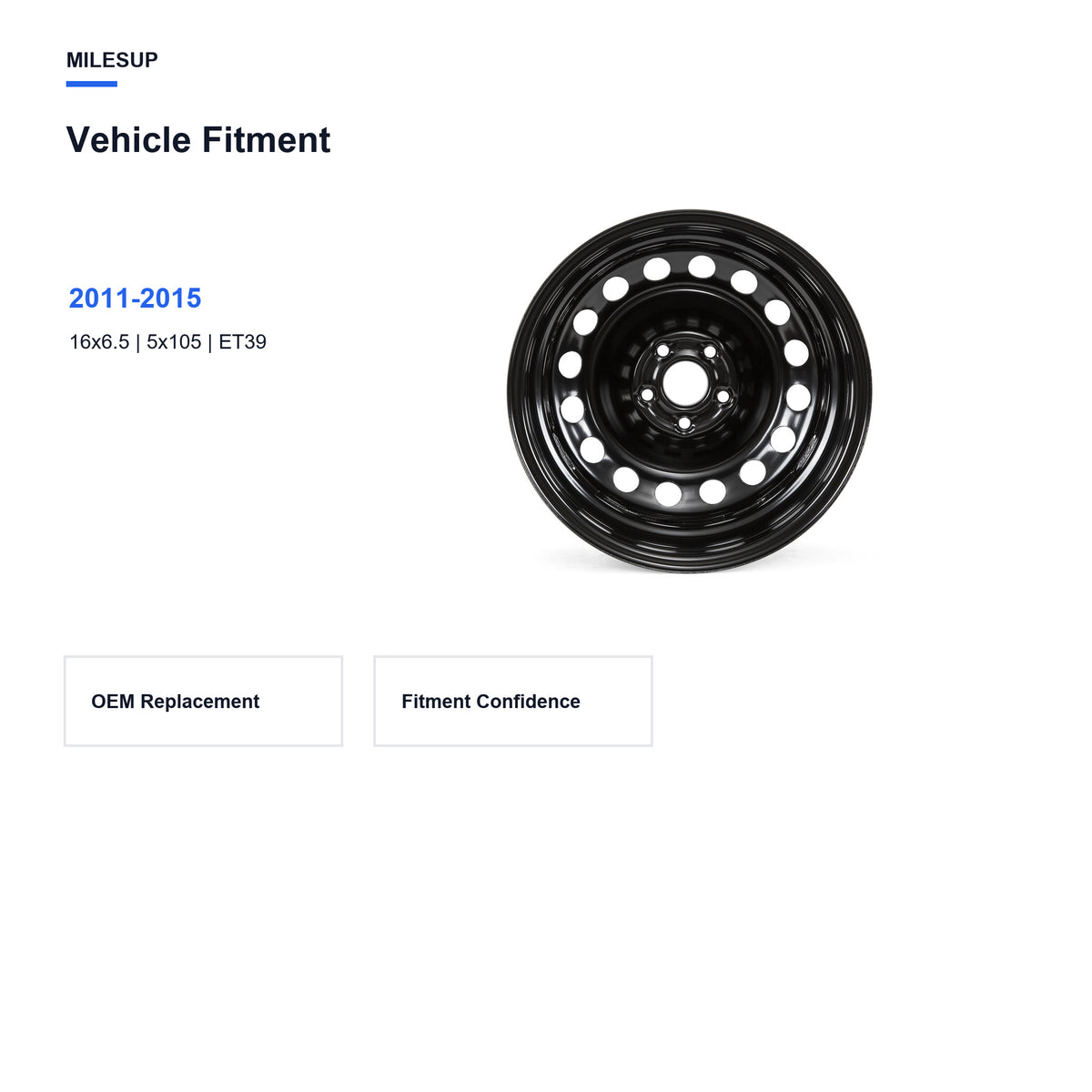 Bolt pattern and offset chart for the 16x6.5 Black replacement wheel for Chevrolet Cruze 2011-2015