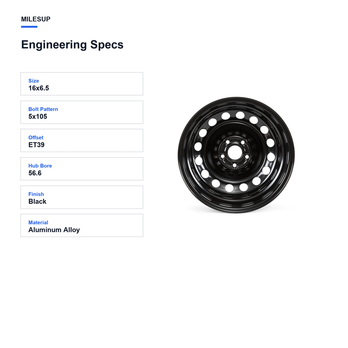 Engineering specifications for the 16x6.5 Black replacement wheel for Chevrolet Cruze 2011-2015