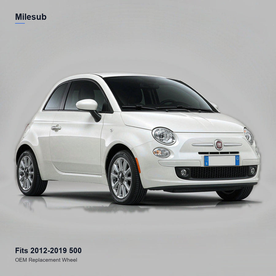 15x6 Black replacement wheel installed on a Fiat 500 2012-2019