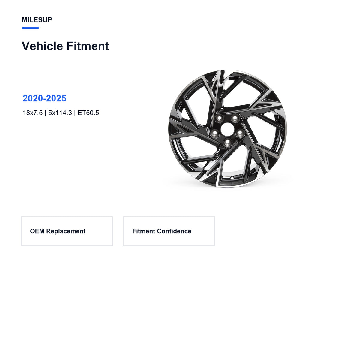 Bolt pattern and offset chart for the 18x7.5 Black replacement wheel for Kia K5 2020-2025