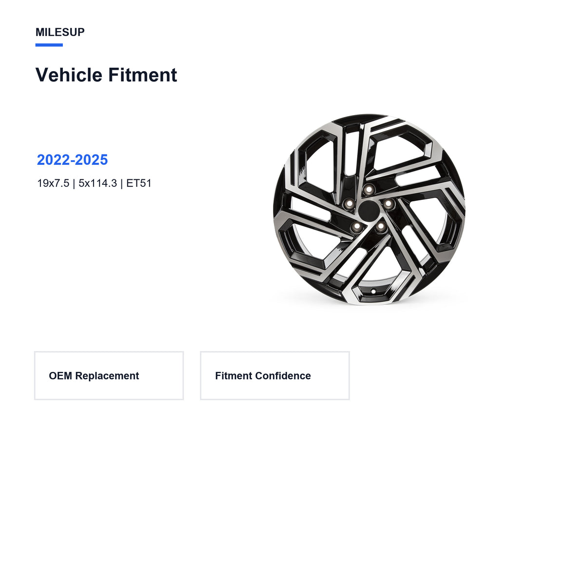 Bolt pattern and offset chart for the 19x7.5 Black replacement wheel for Hyundai Tucson 2022-2025