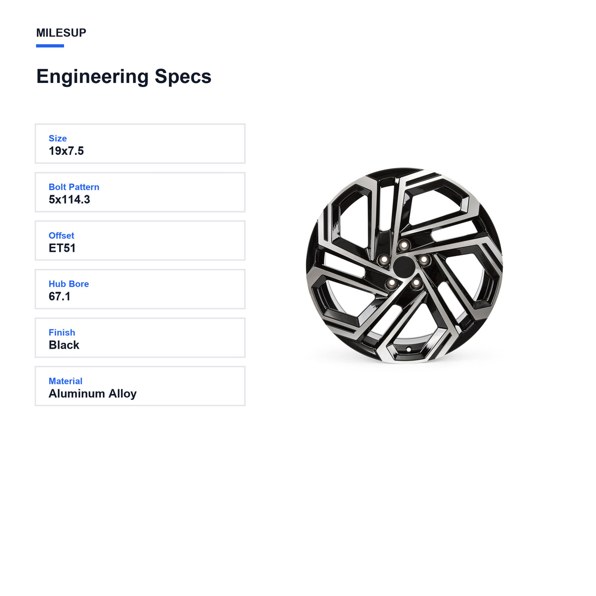 Engineering specifications for the 19x7.5 Black replacement wheel for Hyundai Tucson 2022-2025