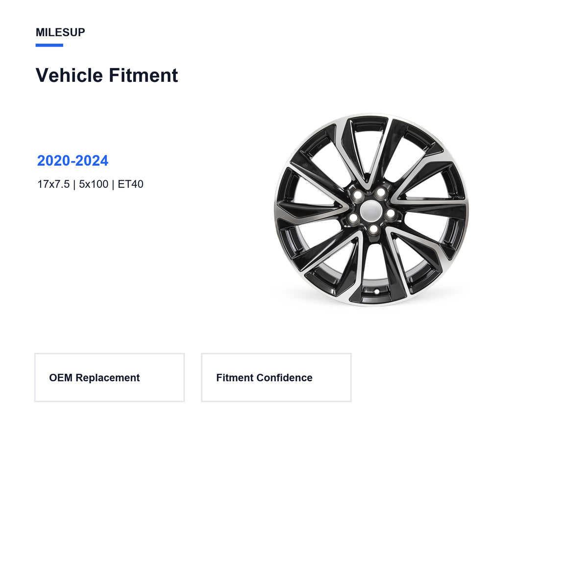 Bolt pattern and offset chart for the 17x7.5 replacement wheel for Toyota Corolla SE / XSE 2020-2024