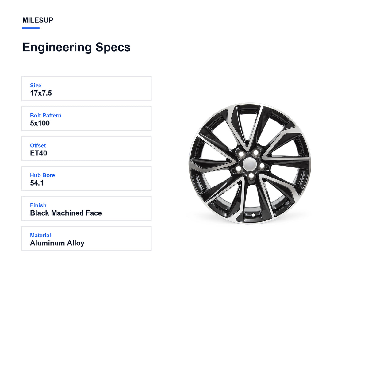 Engineering specifications for the 17x7.5 replacement wheel for Toyota Corolla SE / XSE 2020-2024