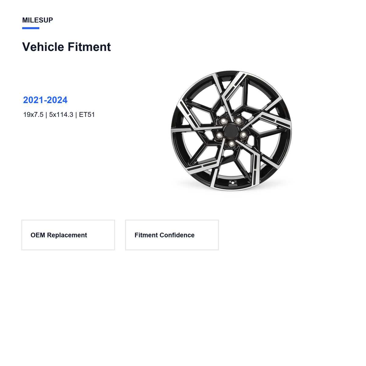 Bolt pattern and offset chart for the 19x7.5 Black Machined Face replacement wheel for Hyundai Tucson 2021-2024