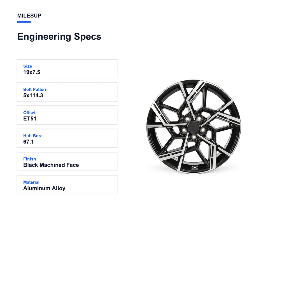 Engineering specifications for the 19x7.5 Black Machined Face replacement wheel for Hyundai Tucson 2021-2024