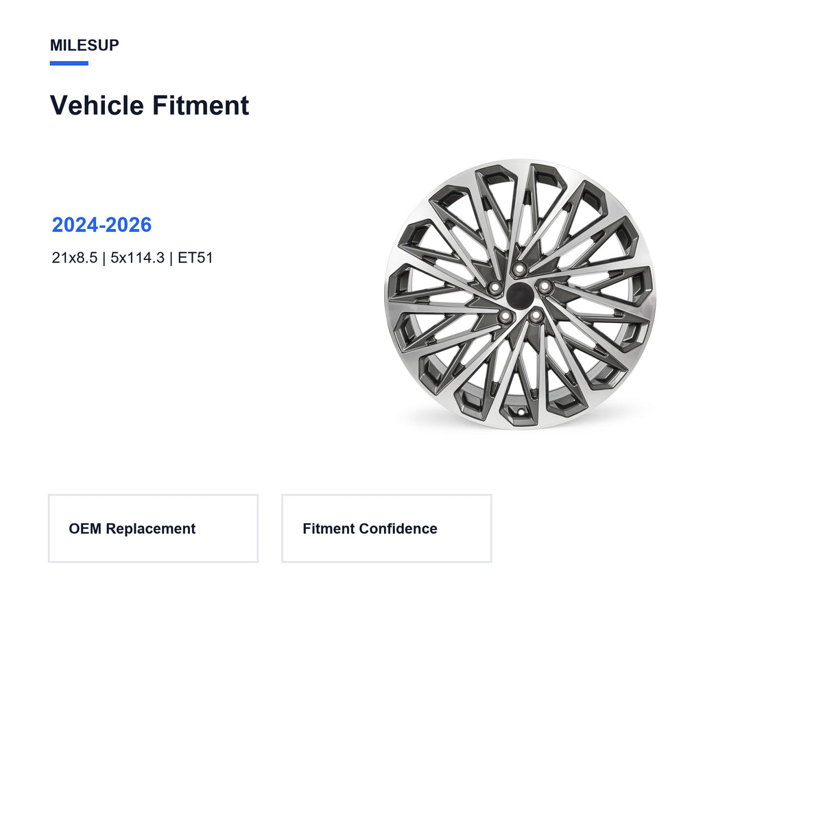 Bolt pattern and offset chart for the 21x8.5 Silver replacement wheel for Hyundai Santa Fe 2024-2026