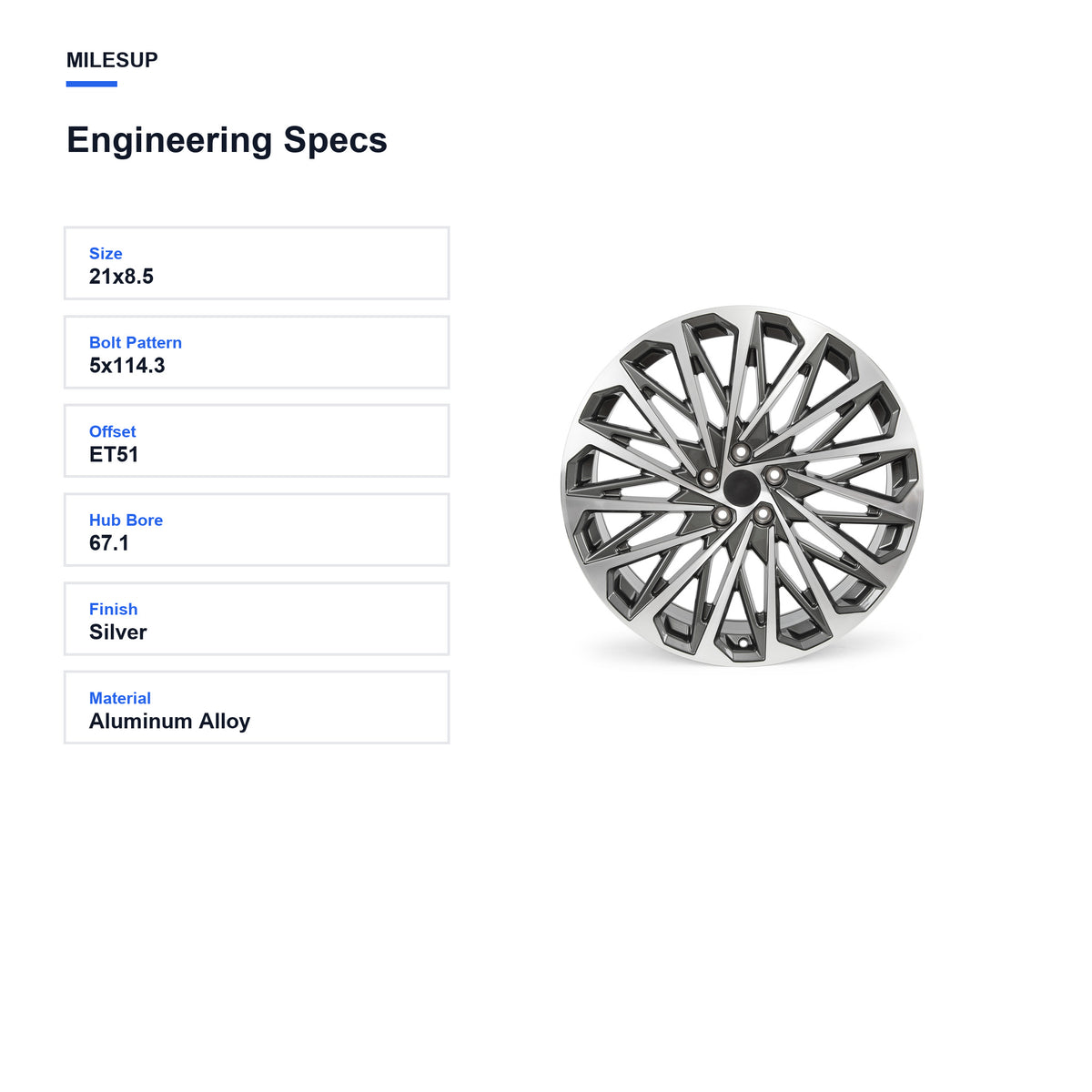 Engineering specifications for the 21x8.5 Silver replacement wheel for Hyundai Santa Fe 2024-2026