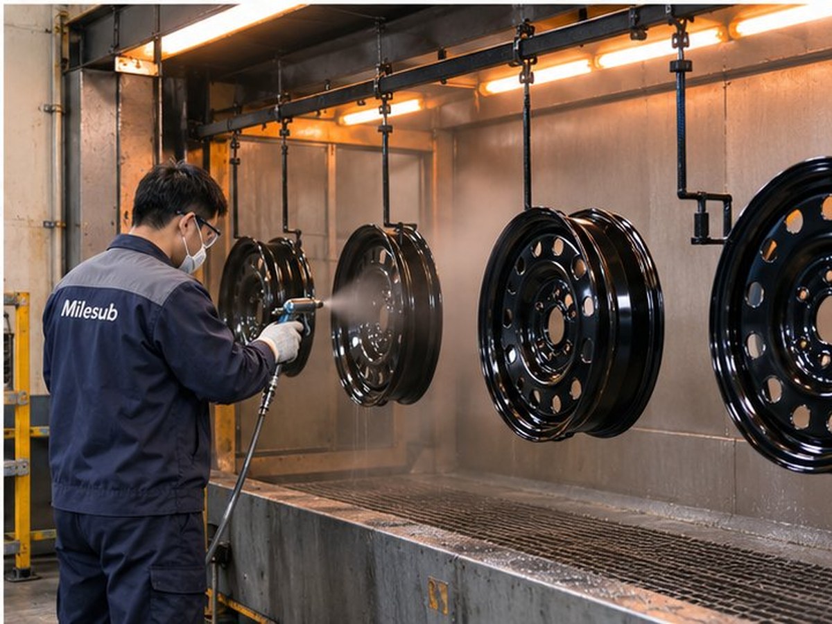 Wheel rims spray-painted on an overhead conveyor line in a finishing booth