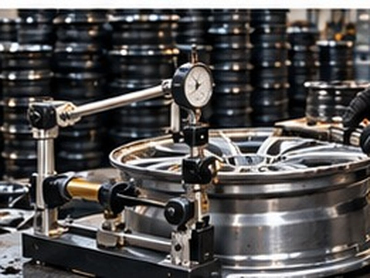 Dial gauge measuring a wheel rim at a quality control inspection bench