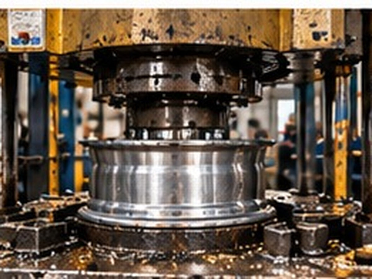 Hydraulic stamping press closing on a wheel rim in a factory production hall